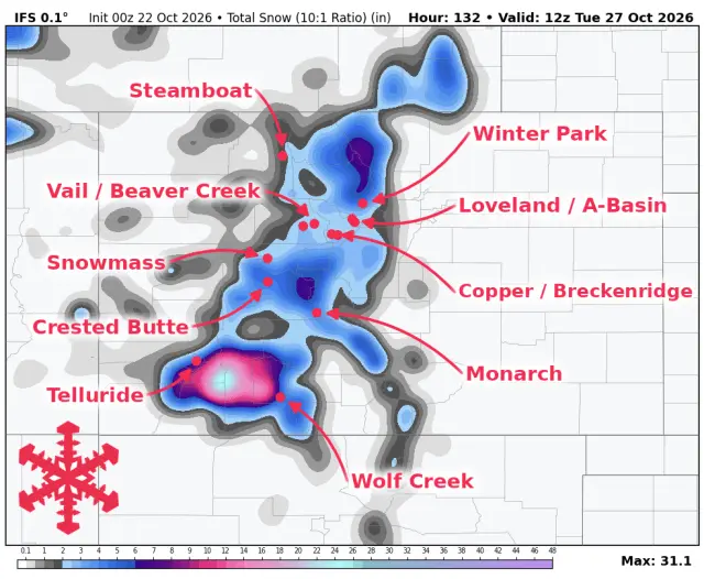 Prognoza SnowBrains: Weekend-ul aduce zăpadă modestă în munții Colorado